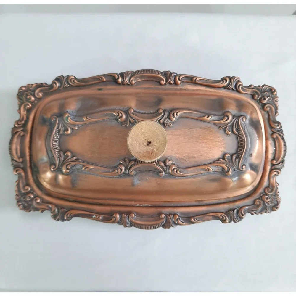 Vintage Copper Covered Butter Dish with Glass Insert Lid Ornate Cottagecore